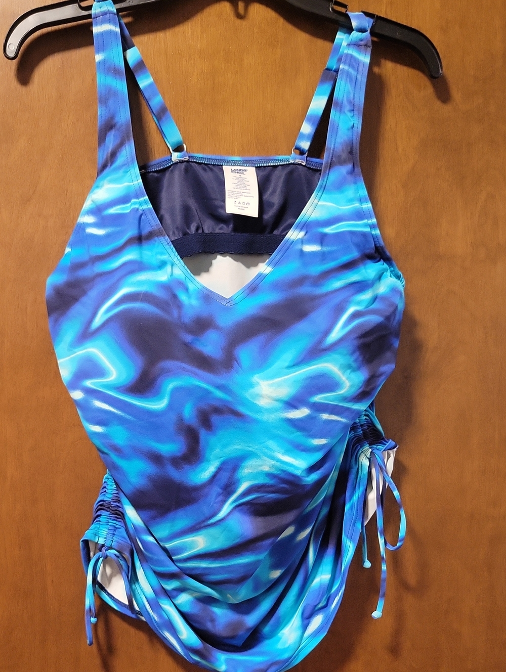Lands End Tankini Swimsuit Top Chlorine Resistant Electric Blue Multi Swirl 16